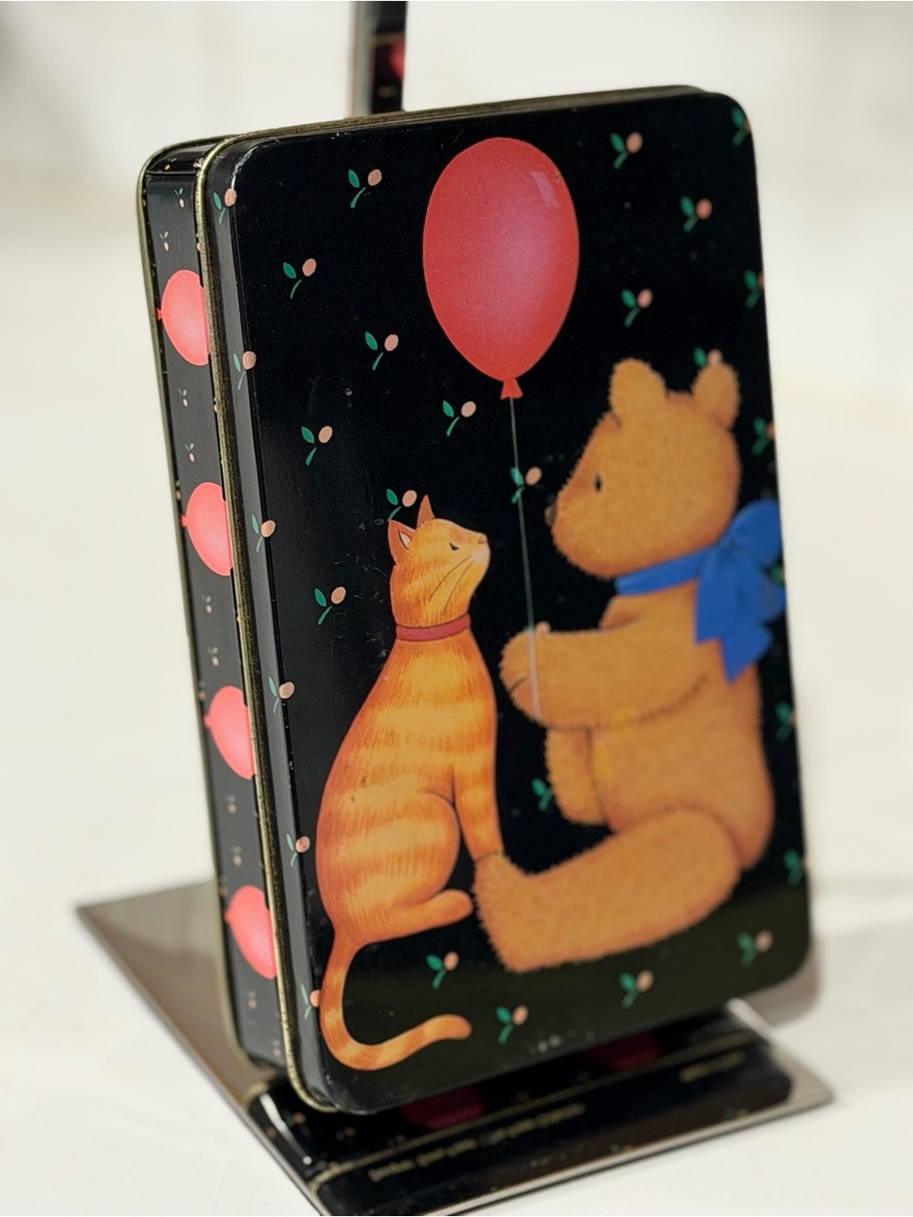 Vintage Teddy Bear and Cat Balloon Tin Box